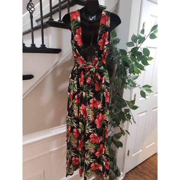 Expo Black Floral Hibiscus V-Neck Sleeveless Front Button Jumpsuit Size 10 - Picture 5 of 13